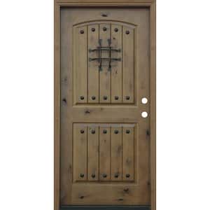 Rustic Arched 2-Panel V-Groove Stained Knotty Alder Wood Prehung Front Door with 6 in. Wall Series