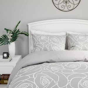 3-Piece Soft Grey With White Rose Print Comforter Set