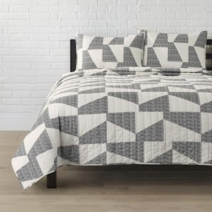 Black and Ivory Modern Abstract Tile Cotton Blend Quilt Set