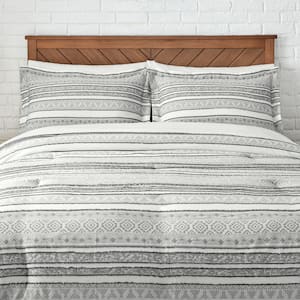 Tara 3-Piece Gray and White Boho Textured Stripe Cotton Comforter Set