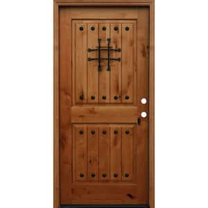 Rustic 2-Panel Square Top V-Grooved Stained Knotty Alder Wood Prehung Front Door with 6 in. Wall Series