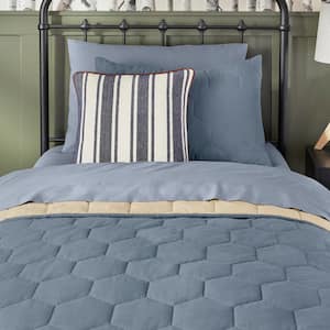 Reversible Steel Blue and Khaki Hexagon Cotton Quilt Set