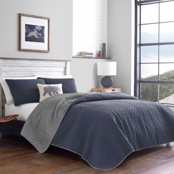 Hidden Lake Blue Plaid Cotton Quilt Set