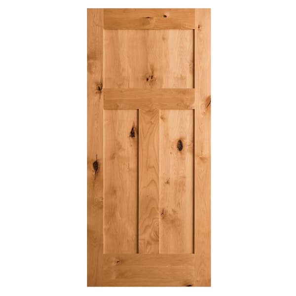 Krosswood Craftsman Rustic Knotty Alder 3-Panel Shaker Solid Core Prehung Interior Door