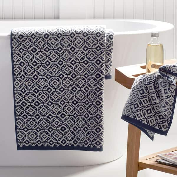 Navy and Cream Jacquard Bath and Hand Towels