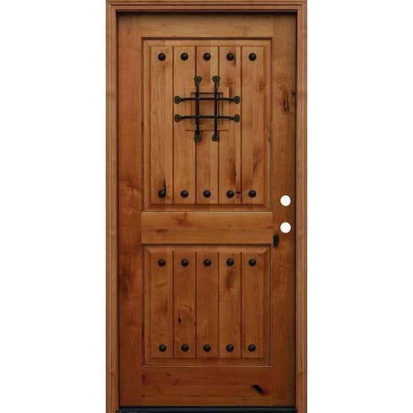 Rustic 2-Panel Square Top V-Grooved Stained Knotty Alder Prehung Front Door