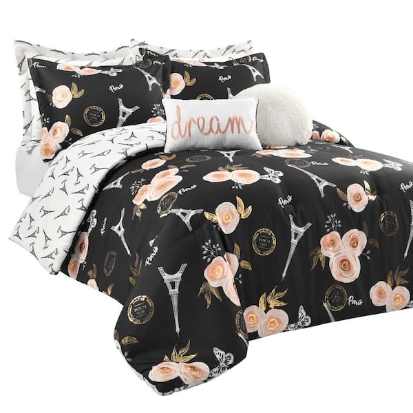 Vintage Paris Rose Butterfly Script Comforter Set
