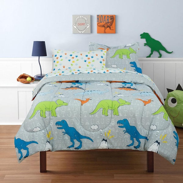Dinosaur Walk Volcano Grey Bed in a Bag with Reversible Comforter