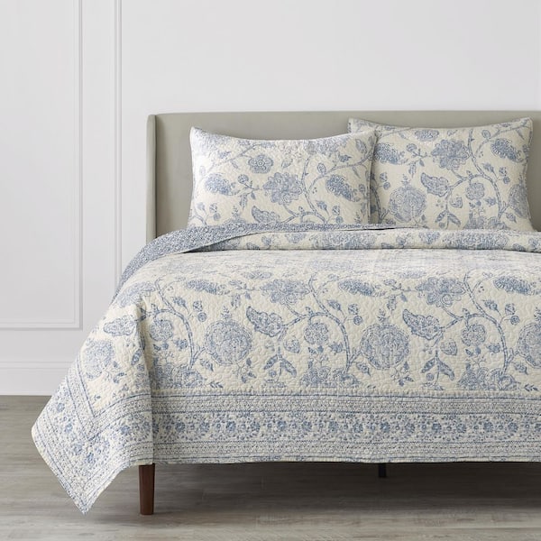 Lake Blue Floral Tonal Block Print Cotton Quilt Set