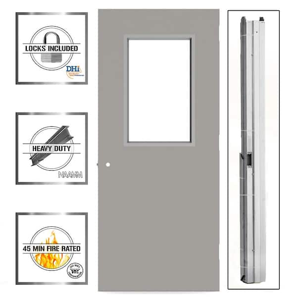 Gray Flush Steel Prehung Commercial Vision Light Unit with Hardware