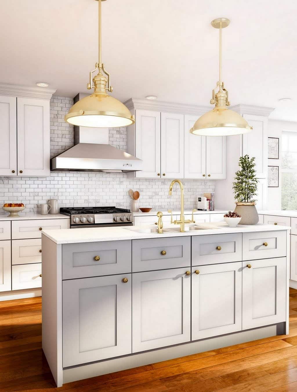 Classic White Kitchen with Gold Statement Lamps