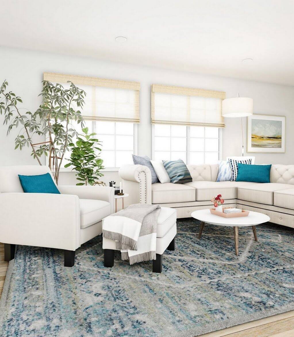 Mixed Coastal Living Room in Ivory and Blue