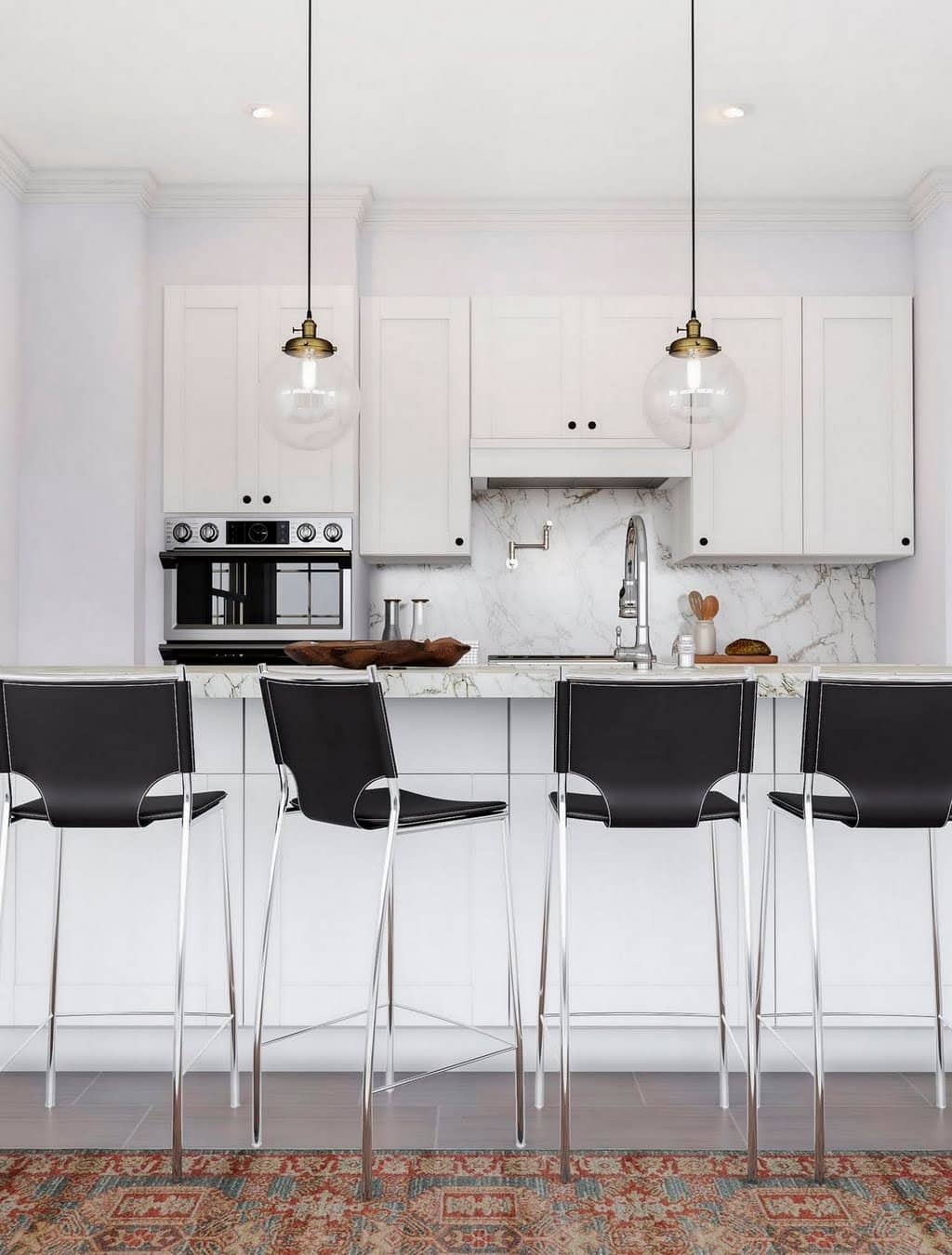 Classic White and Black Kitchen with Barstools