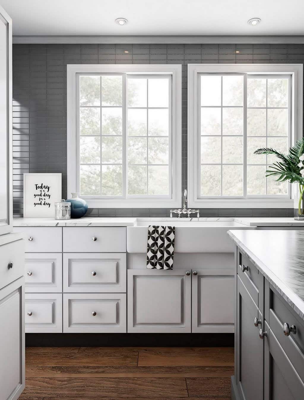 Contemporary Gray Kitchen with Straight Tile