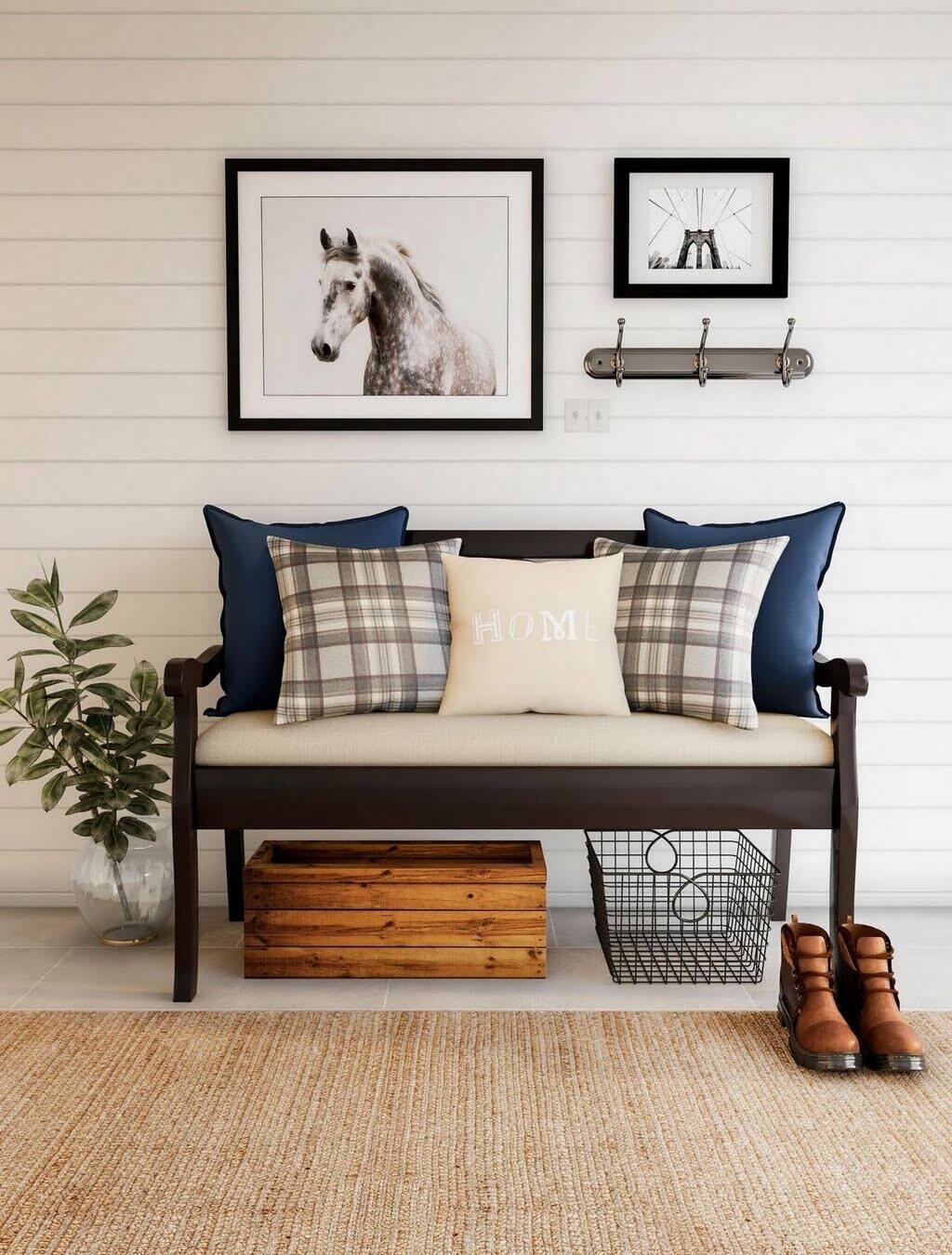 Rustic Entryway with Blue and Plaid