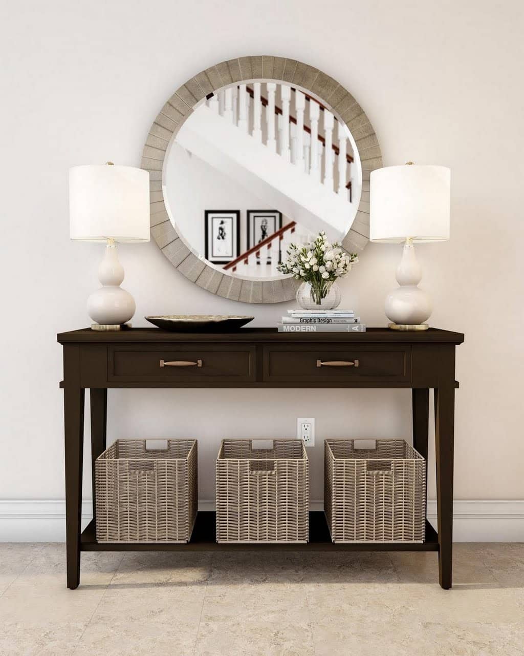 Traditional Entryway with Round Mirror