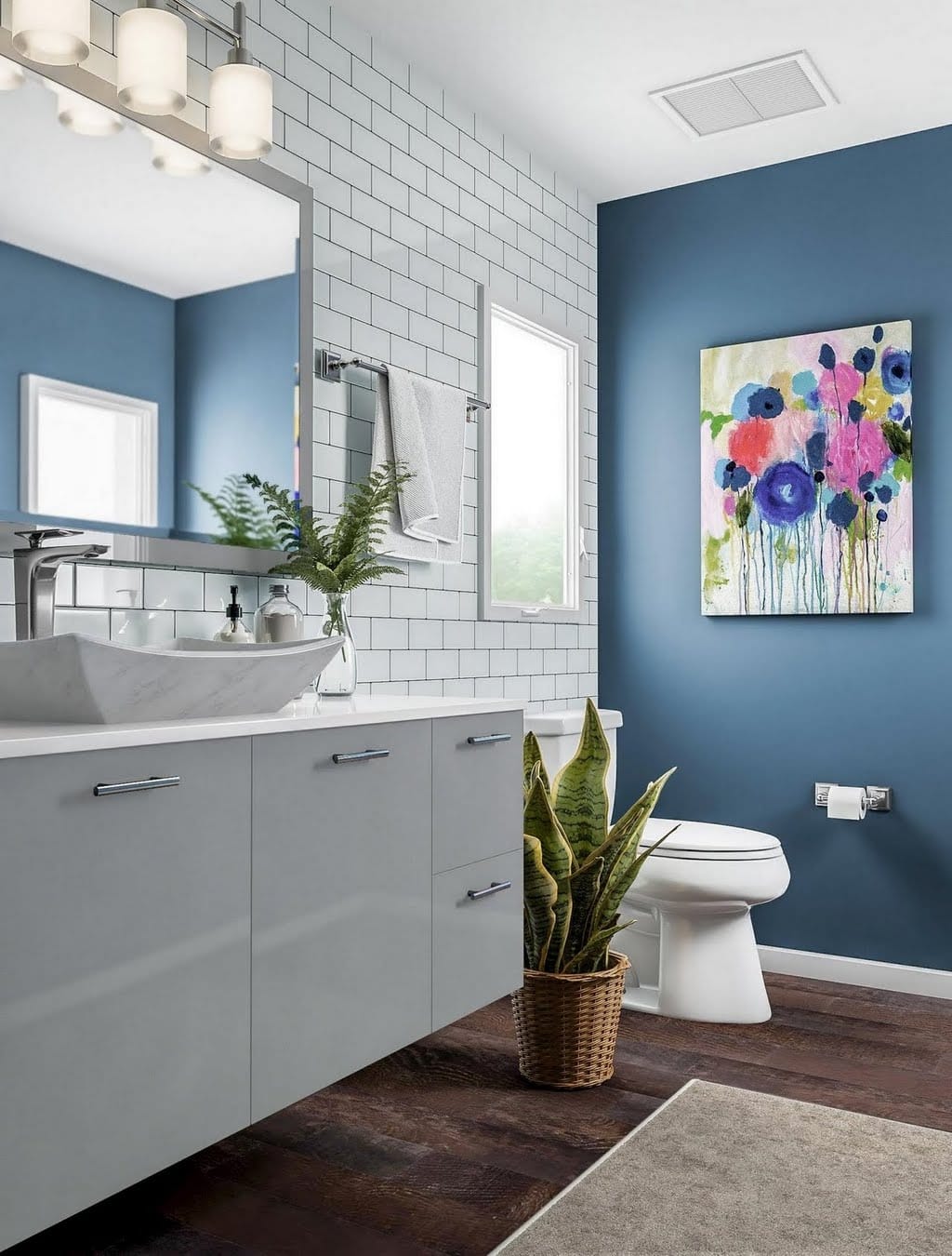 Chic Gray and Blue Bathroom