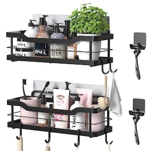 Wall Mount Shower Caddy Bathroom Shelf with 8 Hooks in Black (2-Pack)
