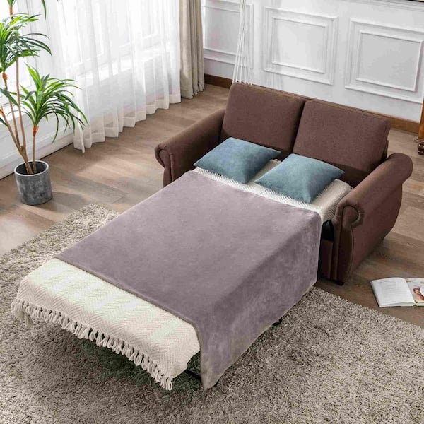 57.5 in. Square Arm Linen Rectangle Sofa with Twin Size Memory Mattress in Brown