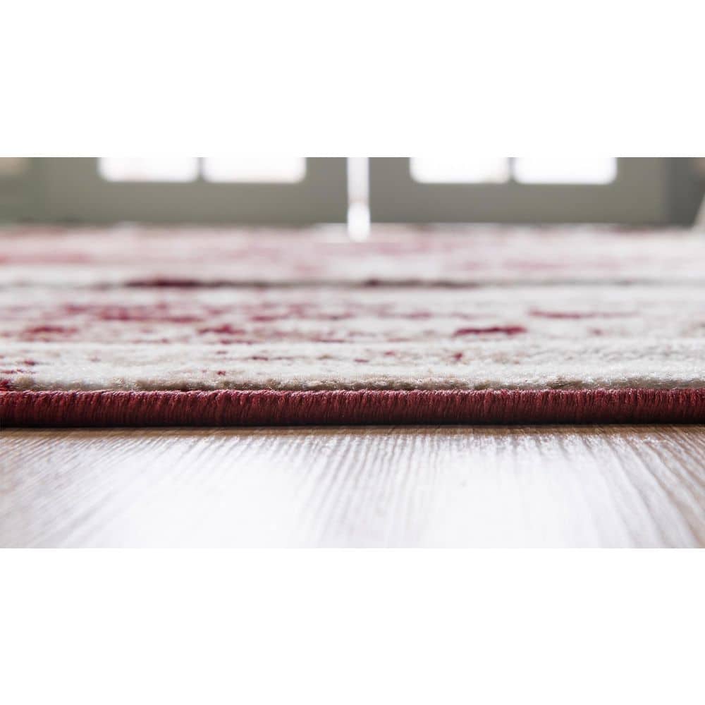 Burgundy and Tan Low Pile Synthetic Area Rug
