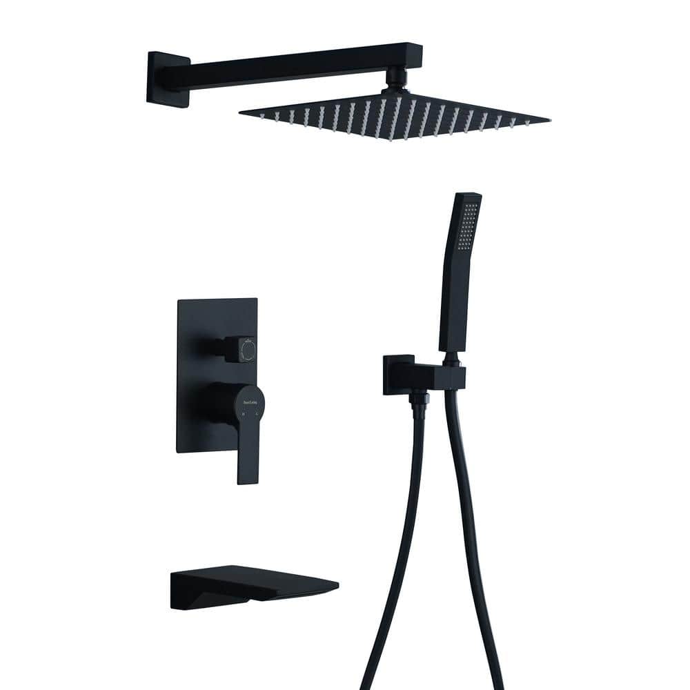 Moda 10 Wall-Mounted Square Rain Shower System with Waterfall Tub Spout in Matte Black
