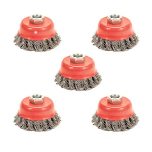 Knotted Wire Cup Brush for Angle Grinders 5 Pack Carbon Steel 5/8 Inch 11 UNC Threaded Arbor,y Rust Paint Removal