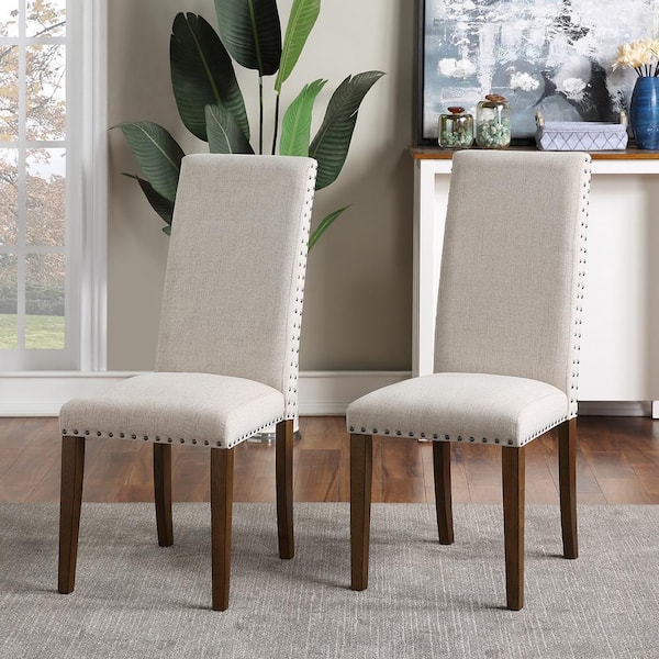 Polibi 24 41 In W Beige Upholstered, Fabric Dining Chairs With Mahogany Legs