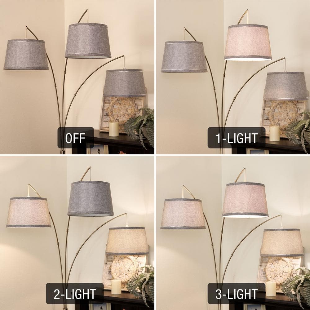 Elegance Arc 3-Light Floor Lamp with Gray Burlap Shades and Brushed Nickel Finish