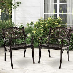 Armrests and Curved Seats Cast Aluminum Outdoor Dining Chair in Bronze Set of 2