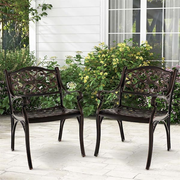 Costway Armrests and Curved Seats Cast Aluminum Outdoor Dining Chair in Bronze Set of 2