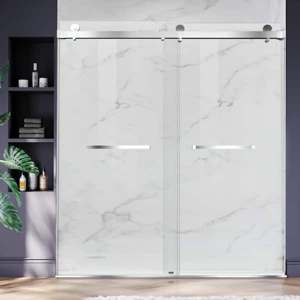 70 in.-76 in. W x 76 in. H Double Sliding Frameless Soft Close Shower Door in Brushed Nickel,3/8 in.Tempered Glass