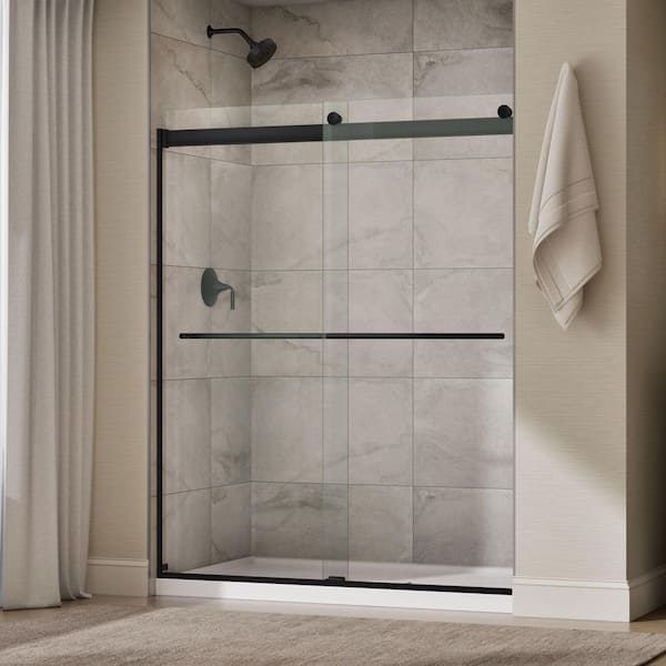Claro 57-60 in. W x 74 in. H Frameless Sliding Shower Door in Matte Black with 1/4 in. Thick Clear Tempered Glass