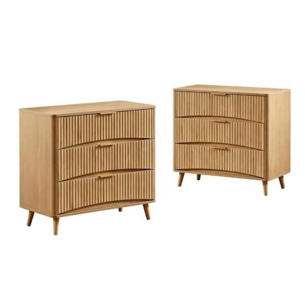 2 Pieces Oak Fluted 3 Drawer Dresser Tall Chest of Drawers with Vertical Grooved Design Solid Wood Storage Cabinet