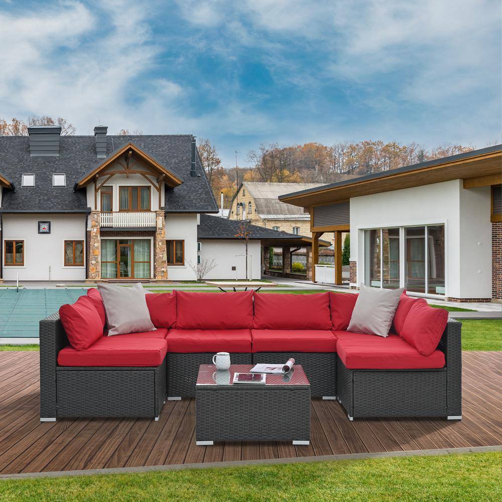 7-Piece Wicker Patio Conversation Set with Red Cushions and Tempered Glass 