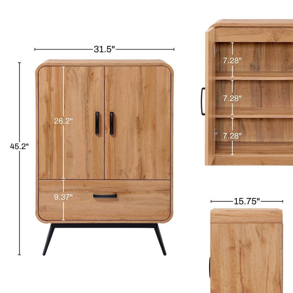 Walnut Oak 45.2" 2-Door 1-Drawer Sideboard Cabinet with Black Metal Legs