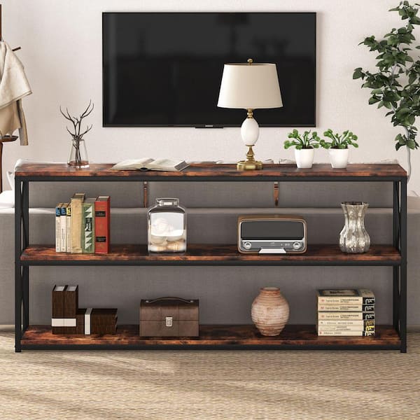 TRIBESIGNS WAY TO ORIGIN Bulgari 70.89 in. Rustic Brown Wood Console Table Sofa Table with 3-Open Storage Shelves