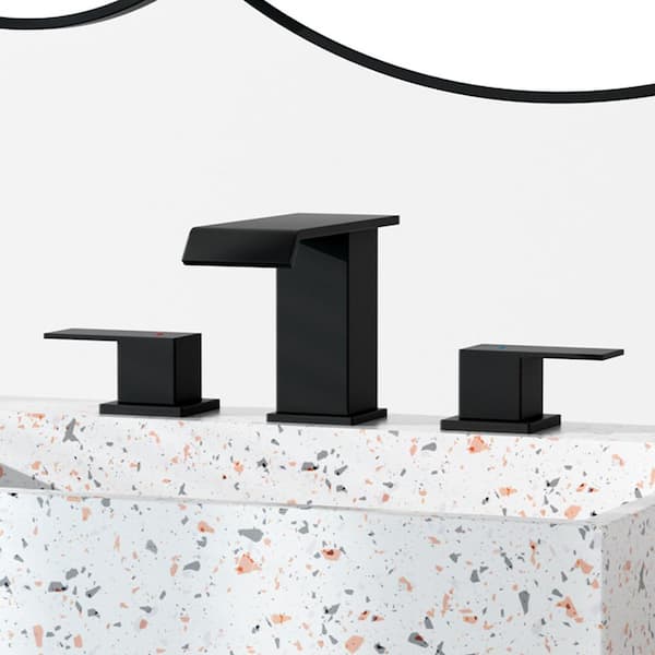 NOBLE 8 in. Waterfall Widespread Double-Handle Bathroom Faucet 3-Hole Bath Sink Faucet with Pop-up Drain in Matte Black