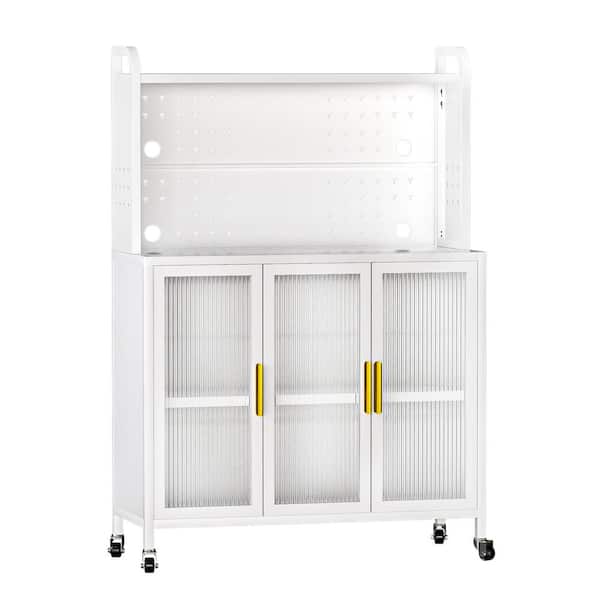 39.4 in. W x 15.7 in. D x 56.2 in. H White Linen Cabinet with Microwave Stand, Transparent Flap Door
