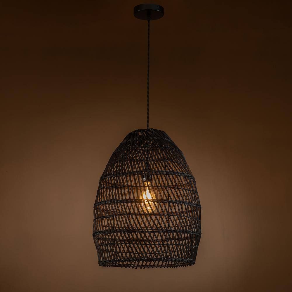 Veremund 15.7" Black Bamboo and Rattan Bell Pendant Light