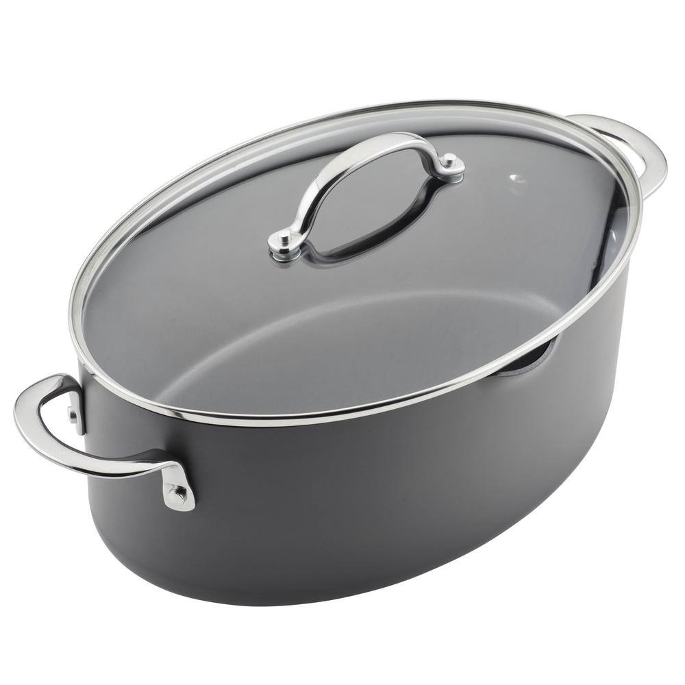 Gray Hard Anodized Nonstick Oval Pasta Pot with Glass Lid