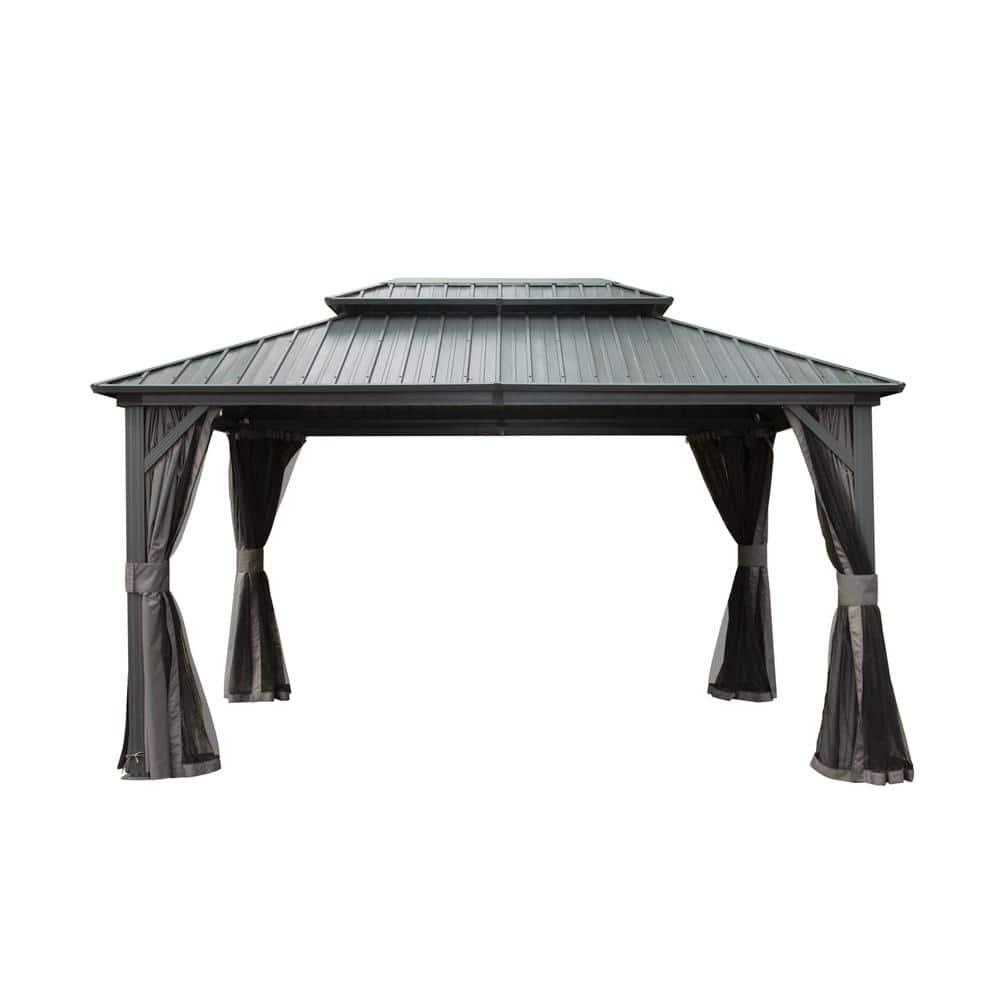 10 ft. x 12 ft. Outdoor Gray Hardtop Gazebo, Aluminum Metal Gazebo with Ste
