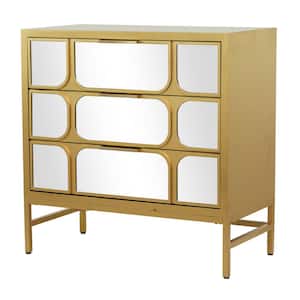 32 in. W Gold Wood 3 Drawer Cabinet with Mirrored Front