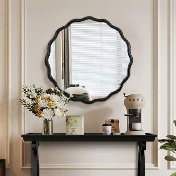 ORGANNICE 31 in. W x 31 in. H Solid Wood Modern Wall Mount Mirror Round Wall Decor Mirror in Black