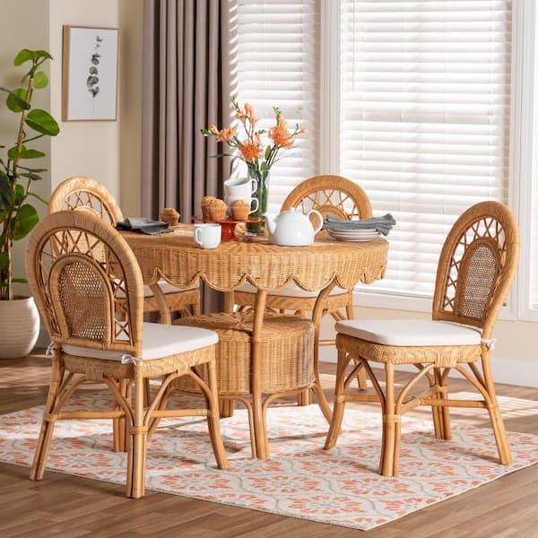 Travis 5-Piece Light Honey Rattan Top Dining Set Seats 4