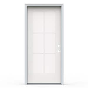 36 in. x 80 in. Flush Left-Hand Inswing 6 Lite Clear Modern White Fiberglass Prehung Front Door with Brickmould
