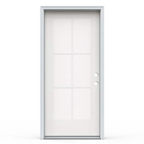 36 in. x 80 in. Flush Left-Hand Inswing 6 Lite Clear Modern White Fiberglass Prehung Front Door with Brickmould