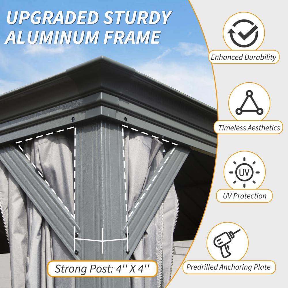 Gray Aluminum Hardtop Gazebo with Curtains and Netting, 12' x 16'
