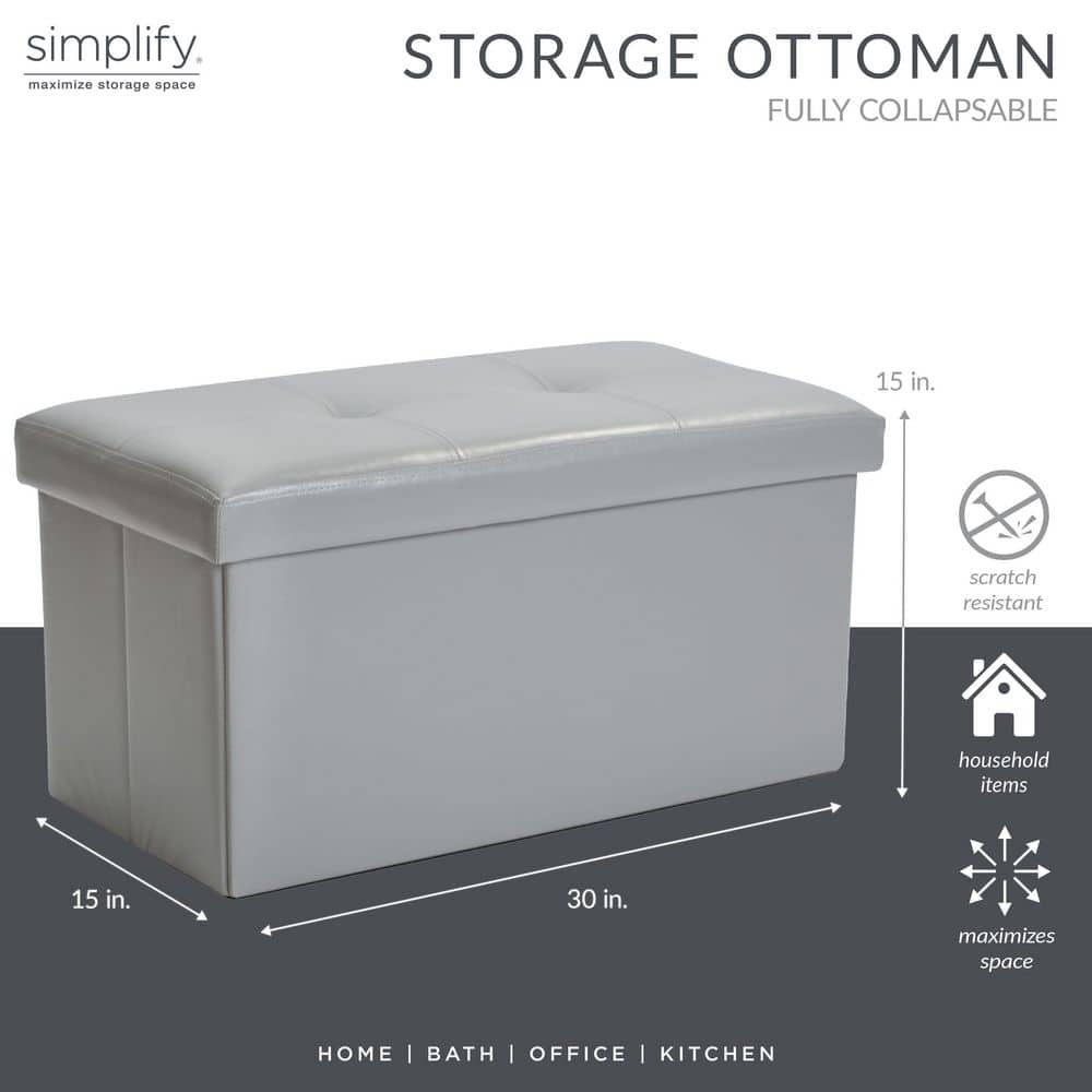 Classic Gray Faux Leather Folding Storage Ottoman Bench