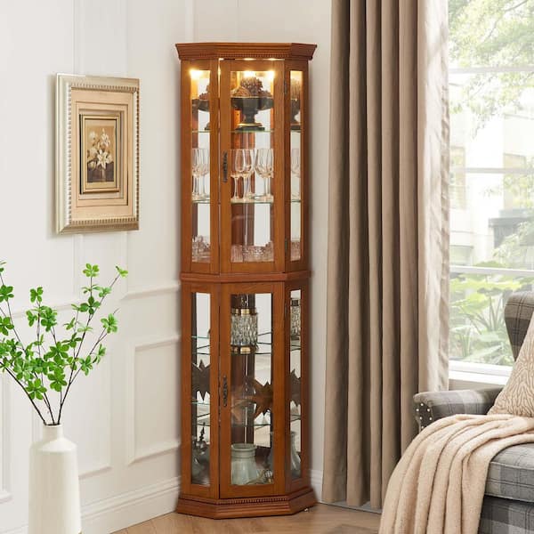 XUJMK 22 in. W x 16 in. D x 70 in. H Brown Linen Cabinet, Corner Curio Cabinet with Lights, Display Cabinet with Glass Shelves