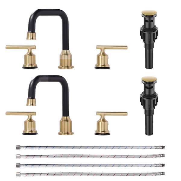 8 in. Widespread Double Handle High Arc Bathroom Faucet with Drain Kit Included in Black and Gold (2-Packs)
